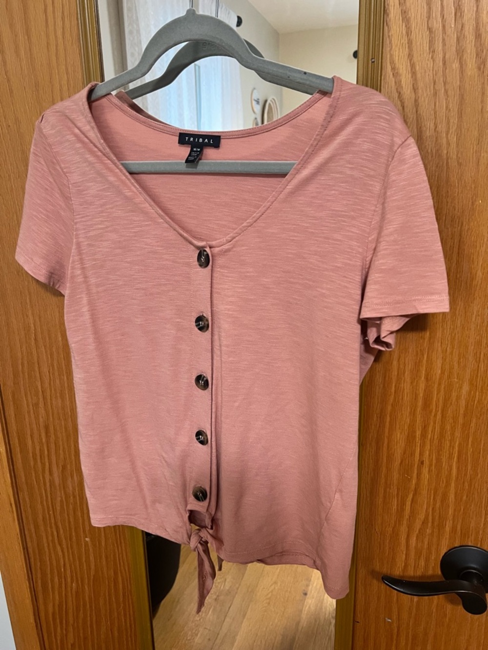 Tribal Rose Dust Button-Front Tie Crop Top